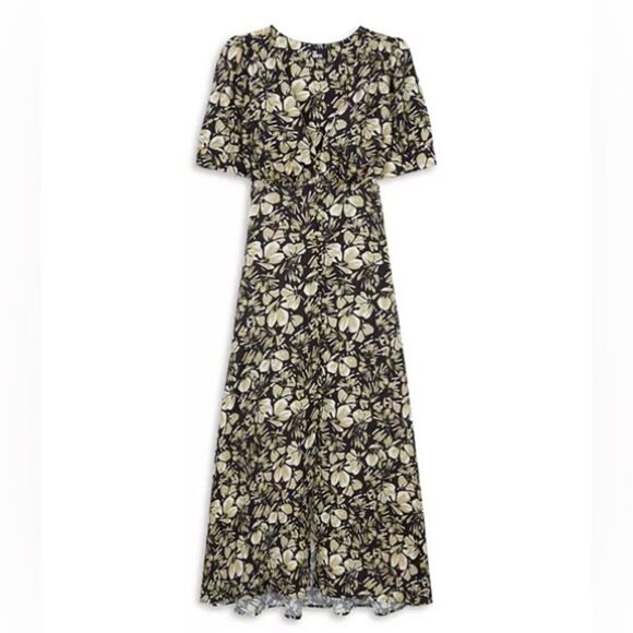 The Kooples Floral Twill Midi Dress Size 1 Black Beige Puff Sleeve Button Front - Picture 16 of 16